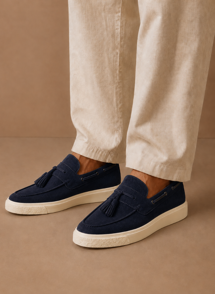 Men's suede tassel loafer sneakers by FJØRNA, casual slip-on shoes with tassel detailing and comfortable slip-on design.