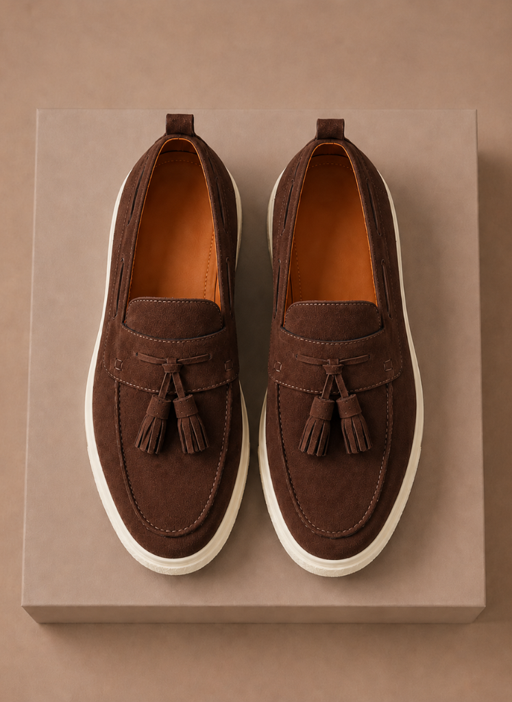 Men's suede tassel loafers by FJØRNA, casual slip-on sneakers with tassel detail and comfortable slip-on design.