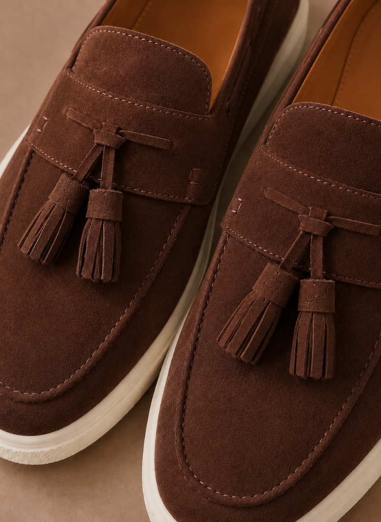 FJØRNA men's suede slip-on loafer sneakers with tassel detail, casual slip-on design, suitable for stylish everyday wear.
