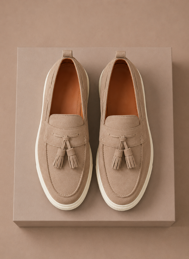Men's suede tassel loafer sneakers by FJØRNA, casual slip-on shoes with tassel detail and comfortable design.