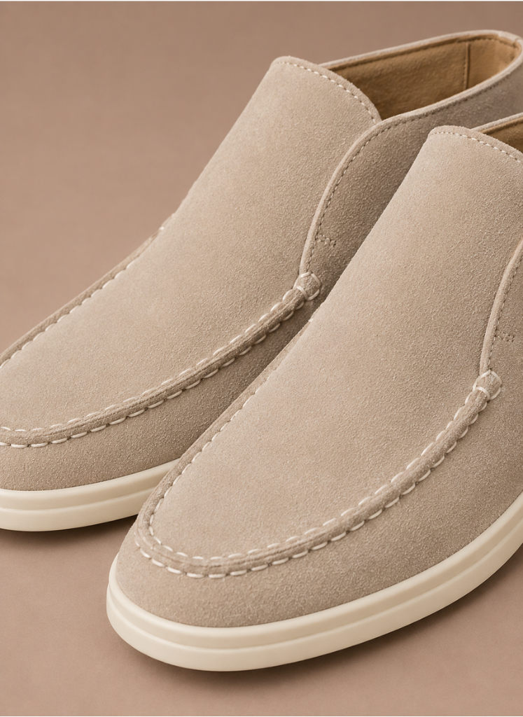 FJØRNA men's suede ankle loafers with moc-toe design, perfect for smart casual style, shown in a close-up view.