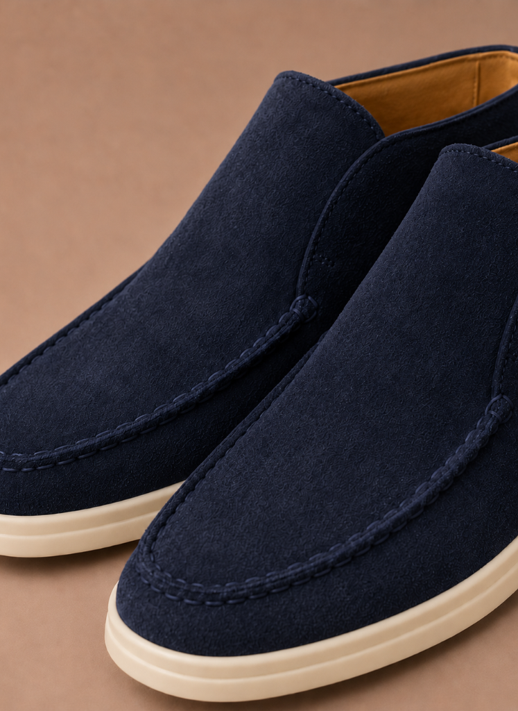 Men's suede ankle loafers by FJØRNA with moc-toe, perfect for smart casual style and everyday comfort.