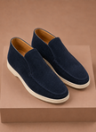 Men's suede ankle loafers by FJØRNA featuring a moc-toe design, perfect for smart casual occasions.