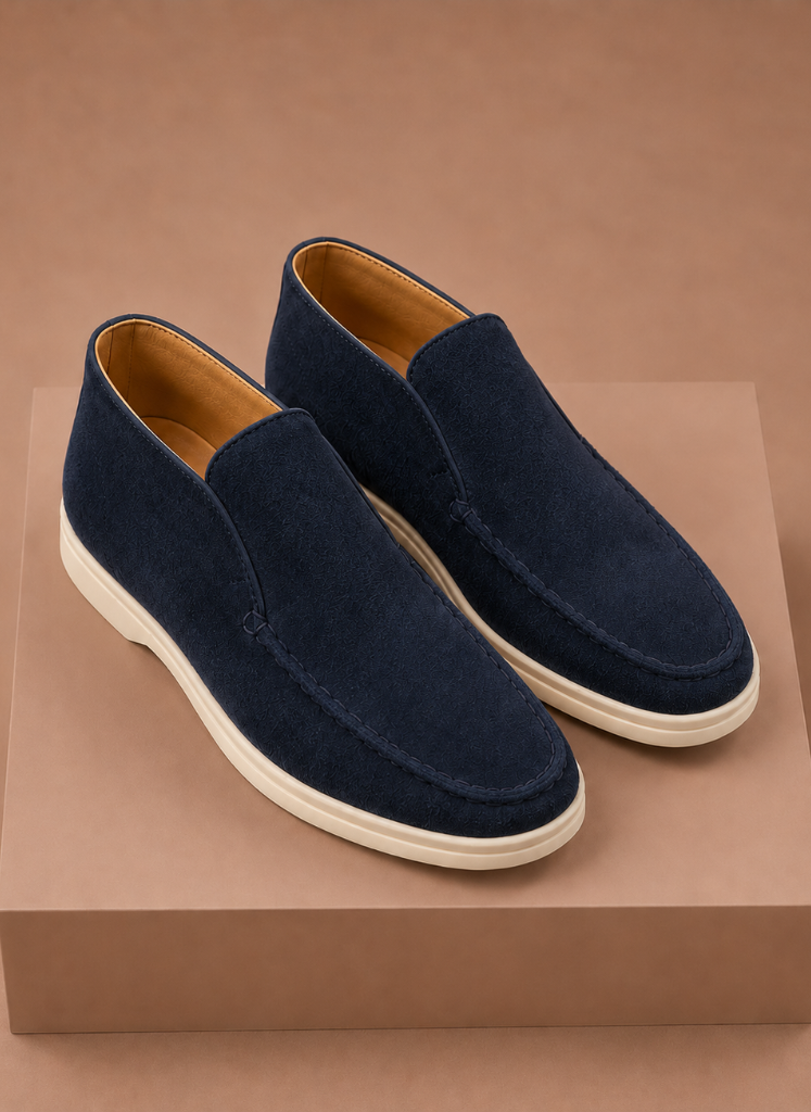 Men's suede ankle loafers by FJØRNA featuring a moc-toe design, perfect for smart casual occasions.