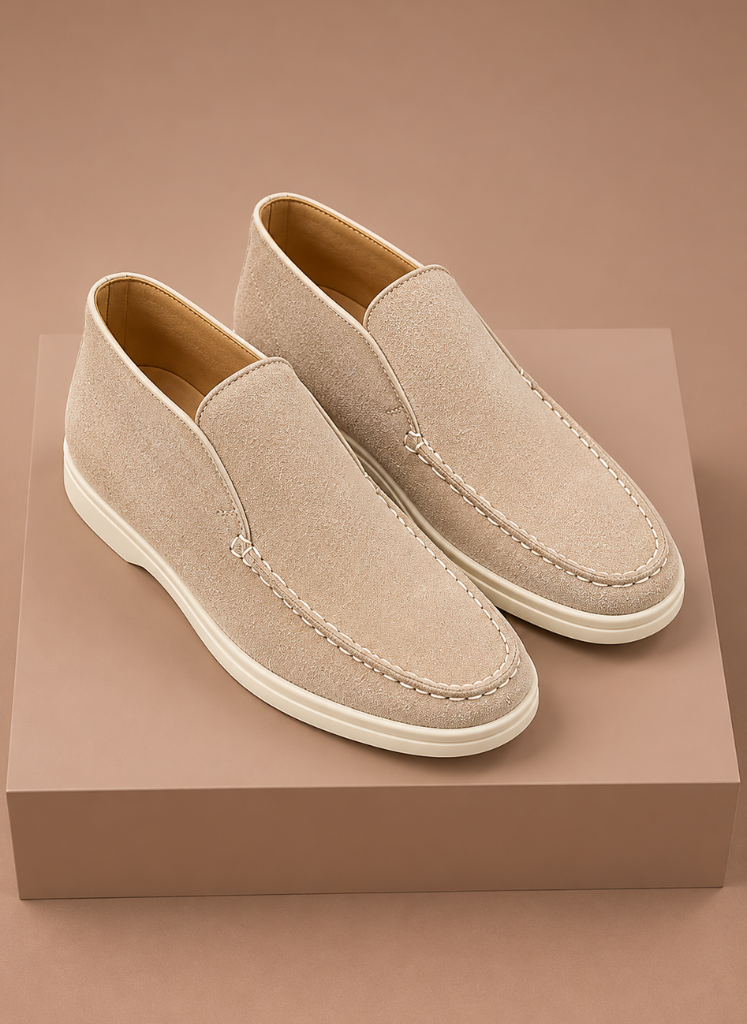 Men's suede ankle loafers by FJØRNA, smart casual moc-toe shoes with a sleek design and comfortable fit for everyday wear.