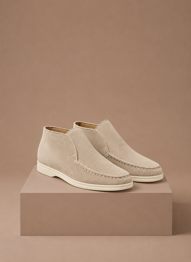 Men's suede ankle loafers by FJØRNA featuring a smart casual moc-toe design, perfect for stylish everyday wear.