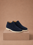 Men's suede ankle loafers by FJØRNA with moc-toe design, ideal for smart casual occasions, shown in a close-up view.
