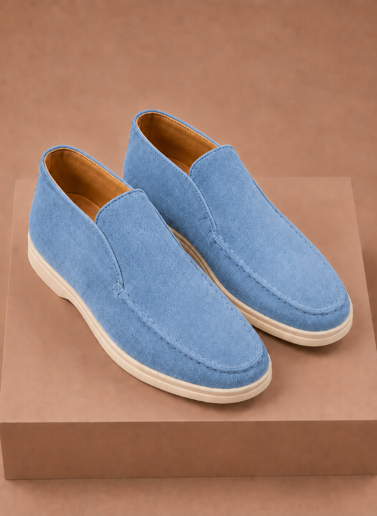 FJØRNA men's suede ankle loafers with moc-toe design, perfect for smart casual occasions, shown in a stylish side view.
