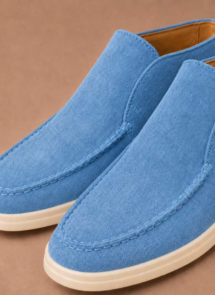Men's suede ankle loafers by FJØRNA, smart casual moc-toe shoes with sleek design and comfortable fit.