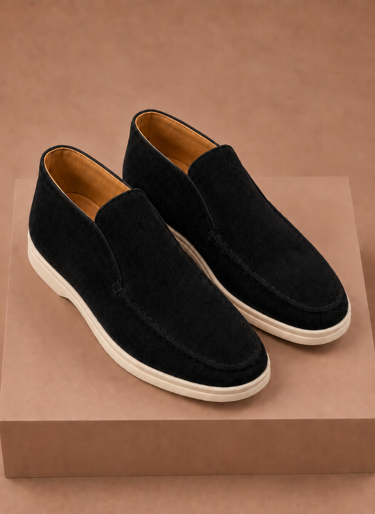 FJØRNA men's suede ankle loafers with moc-toe, smart casual style, featuring sleek design and comfortable fit for everyday wear.