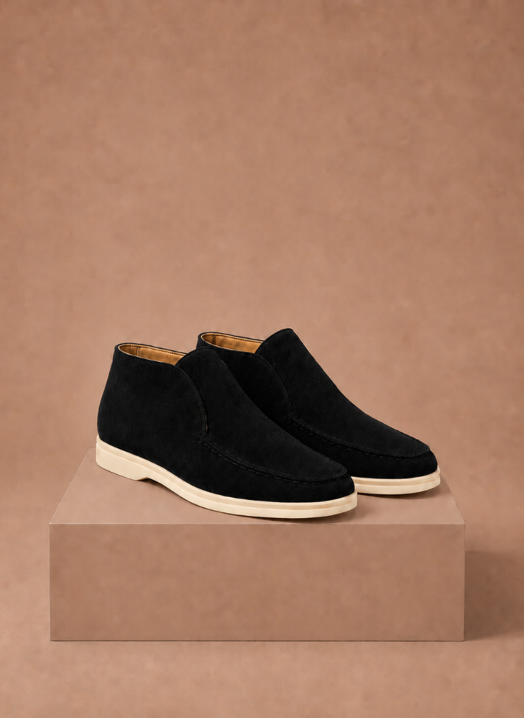 Men's suede ankle loafers by FJØRNA featuring a moc-toe design, ideal for smart casual occasions.
