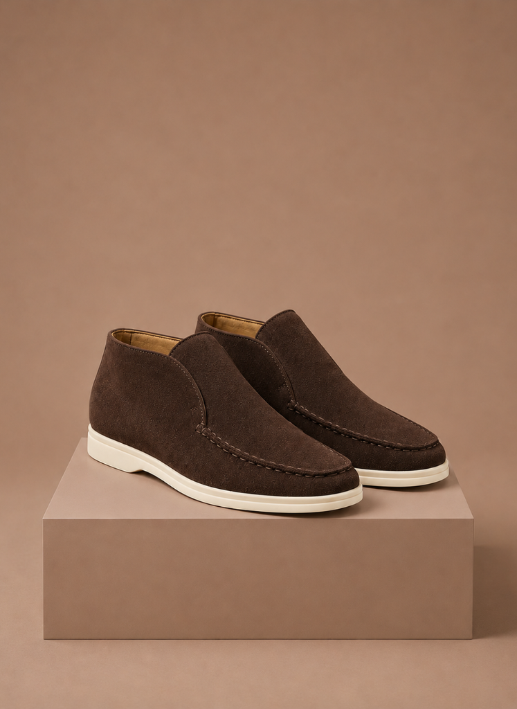 Men's suede ankle loafers by FJØRNA, smart casual moc-toe shoes with a sleek design and comfortable fit.