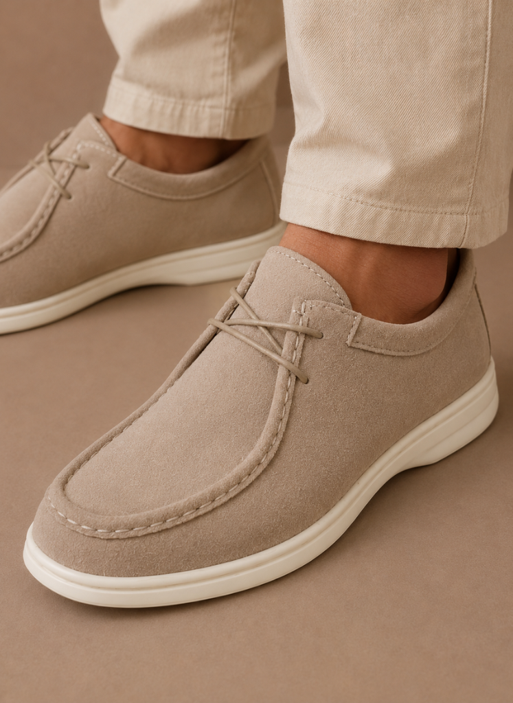 FJØRNA men's suede moc-toe lace-up casual shoes shown in a side view with a classic design and tan color.