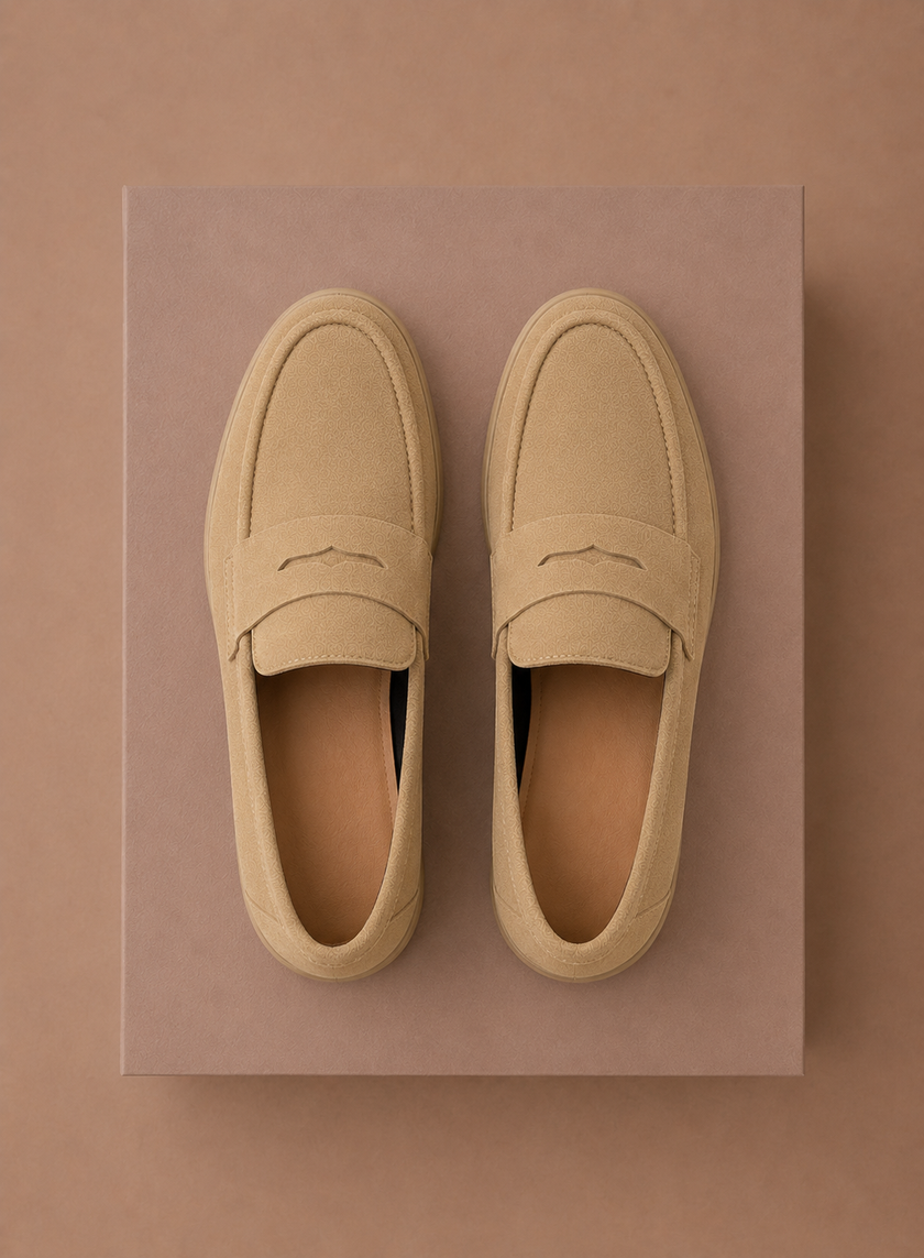 Men's summer slip-on loafers by FJØRNA, smart casual shoes in tan with a sleek design for stylish everyday wear.