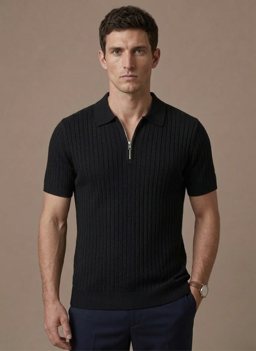 Men's breathable striped knit polo shirt by FJØRNA, short sleeve summer men's polo with a classic striped pattern.