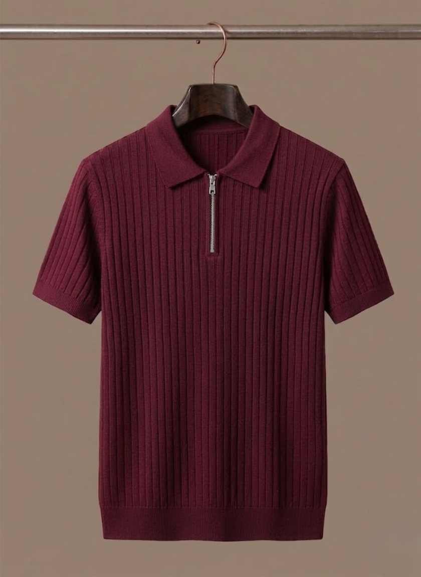 Men's striped knit polo shirt by FJØRNA, breathable short sleeve polo with summer-style design and classic fit.