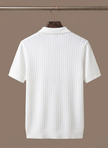 Men's striped knit polo shirt by FJØRNA, breathable short-sleeve polo for men with a stylish summer design.