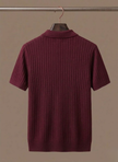 Men's striped knit polo shirt by FJØRNA, breathable short sleeve polo for men, with a stylish summer knit design.