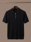 Men's striped knit polo shirt by FJØRNA, breathable short sleeve polo with a classic design and summer style.