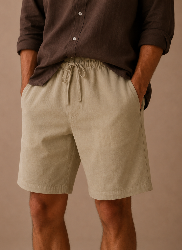 Men's cotton linen shorts by FJØRNA with a relaxed fit, perfect for summer casual wear, shown in a comfortable, laid-back style.