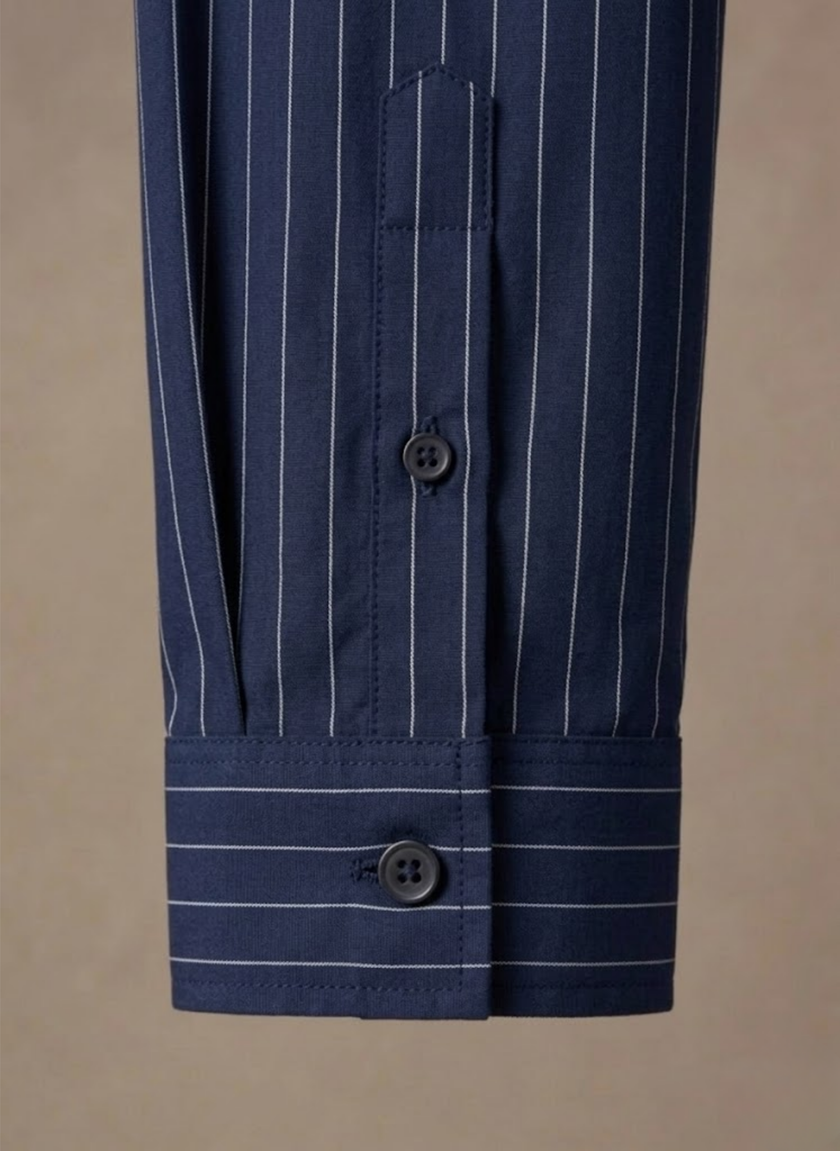 Men's cotton striped shirt by FJØRNA featuring a classic button-up design, shown in a casual style with blue and white stripes.