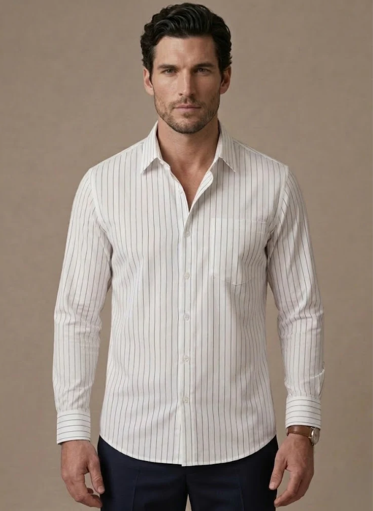 FJØRNA men's cotton striped casual shirt with a classic button-up style, featuring blue and white vertical stripes.