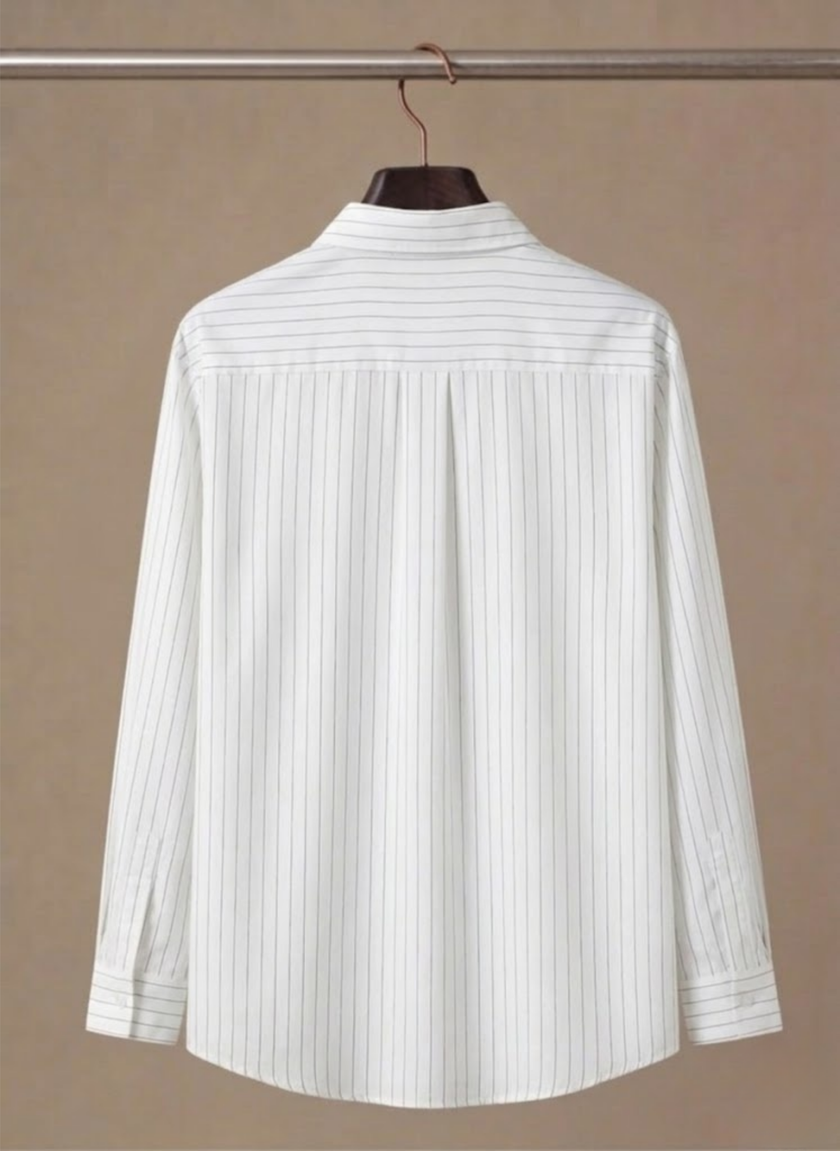 Men's cotton striped shirt by FJØRNA, casual button-up style with classic design and long sleeves, displayed on a model.