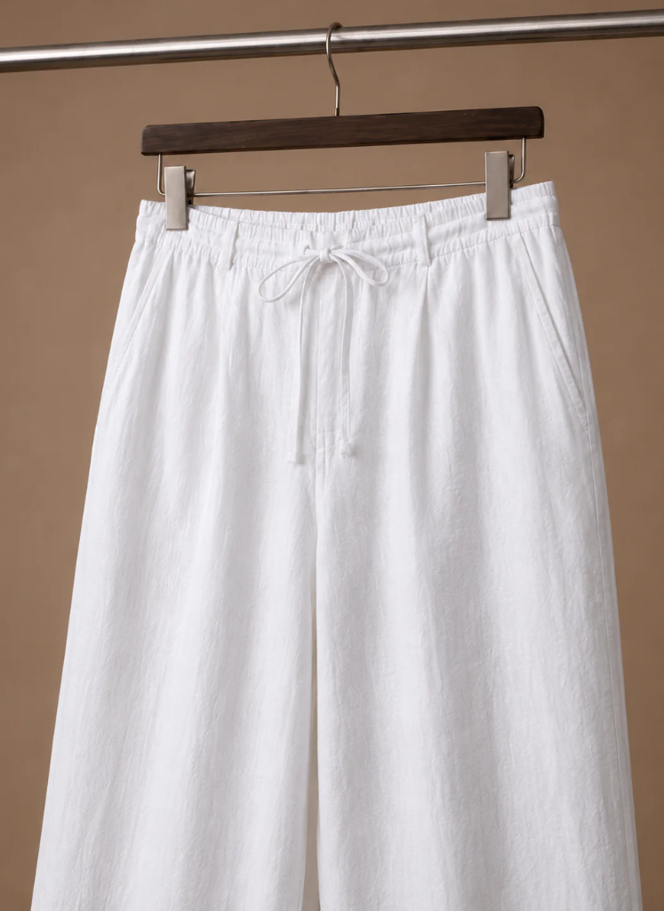 Men's lightweight linen blend trousers by FJØRNA, smart casual style, breathable summer pants with a relaxed fit.