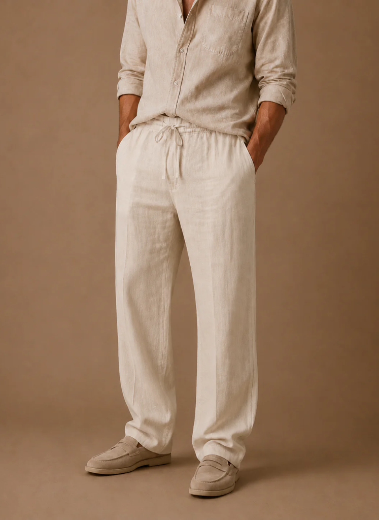 Men's linen blend lightweight casual trousers by FJØRNA, shown in a relaxed fit with a neutral color, ideal for smart summer wear.