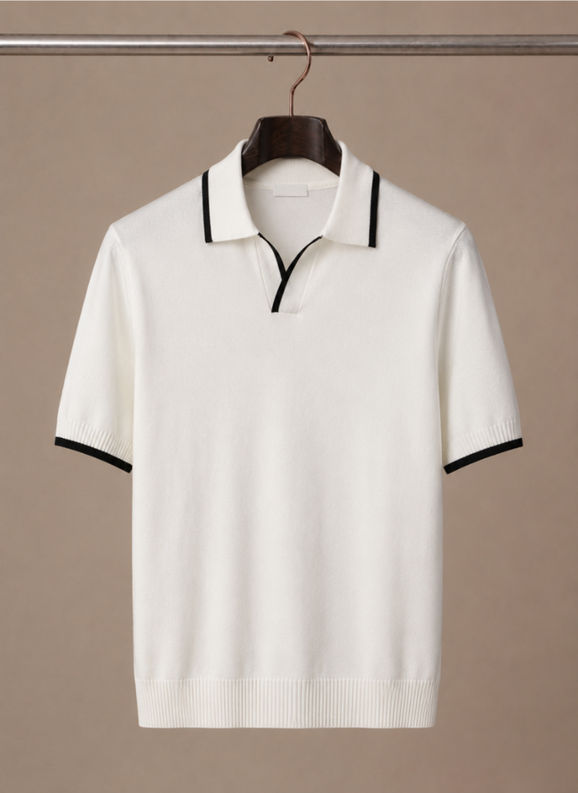 Men's slim fit polo shirt by FJØRNA featuring contrast trim, luxurious cotton fabric, and a tailored fit for a stylish look.