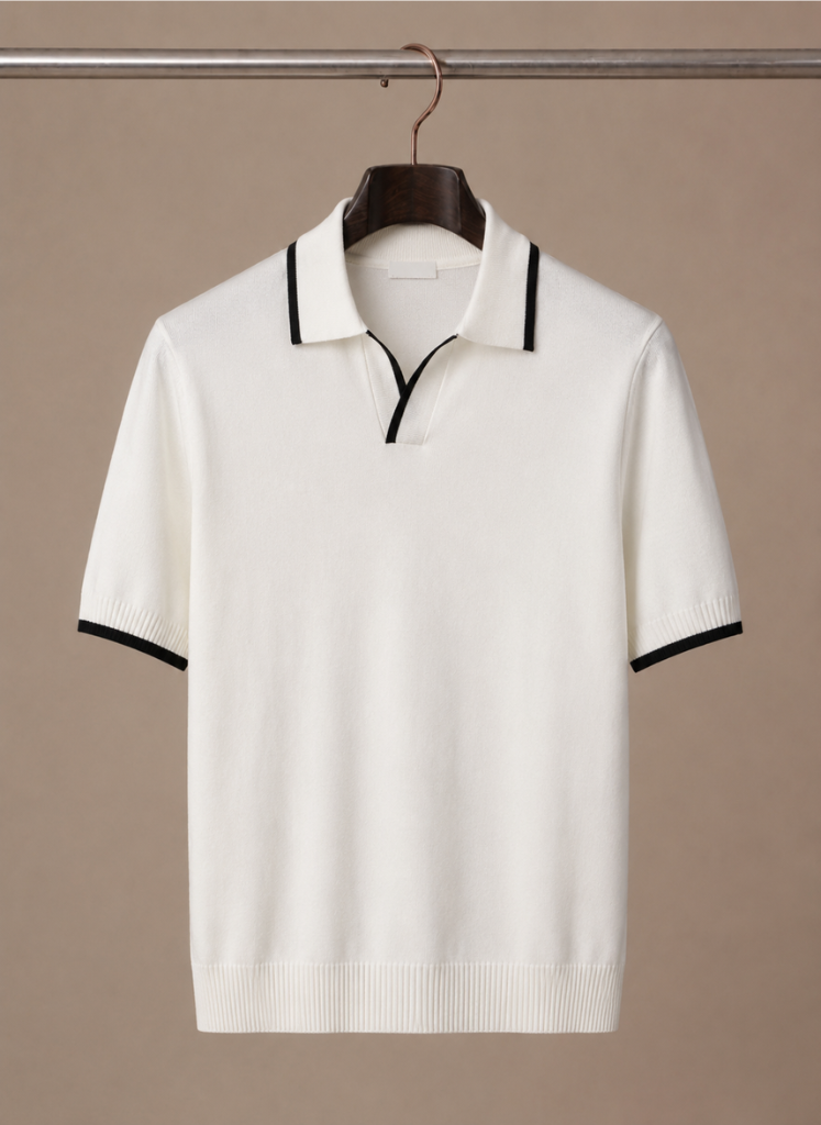 Men's slim fit polo shirt by FJØRNA featuring contrast trim, luxurious cotton fabric, and a tailored fit for a stylish look.
