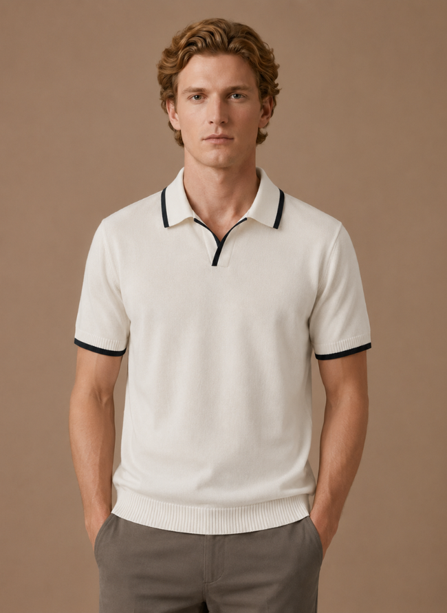 Men's slim fit polo shirt by FJØRNA featuring luxury cotton and contrast trim, shown in a stylish, fitted design.