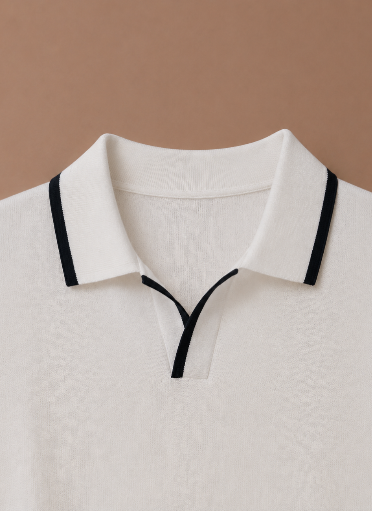 Men's slim fit polo shirt by FJØRNA featuring contrast trim, luxury cotton fabric, and a stylish, fitted design.