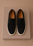 Men's suede penny loafers by FJØRNA, lightweight slip-on shoes with a classic design and comfortable fit.