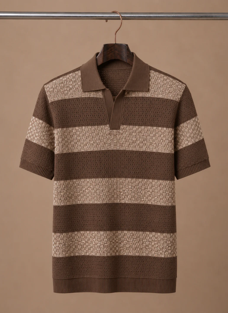 Men's striped FJØRNA polo shirt with smart casual fit, featuring a classic collar and bold stripe pattern.