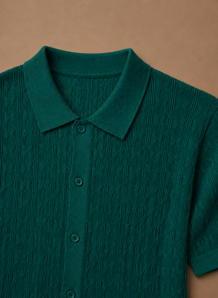 Men's textured polo shirt by FJØRNA, breathable short-sleeve polo with smart casual style and premium fabric.