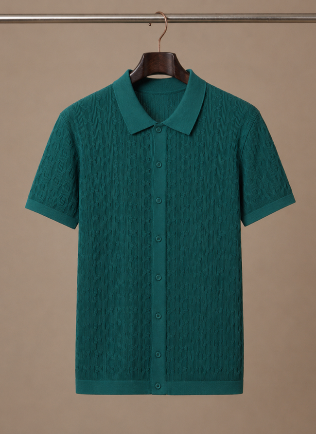 Men's textured polo shirt by FJØRNA featuring breathable fabric and short sleeves, ideal for smart casual wear.