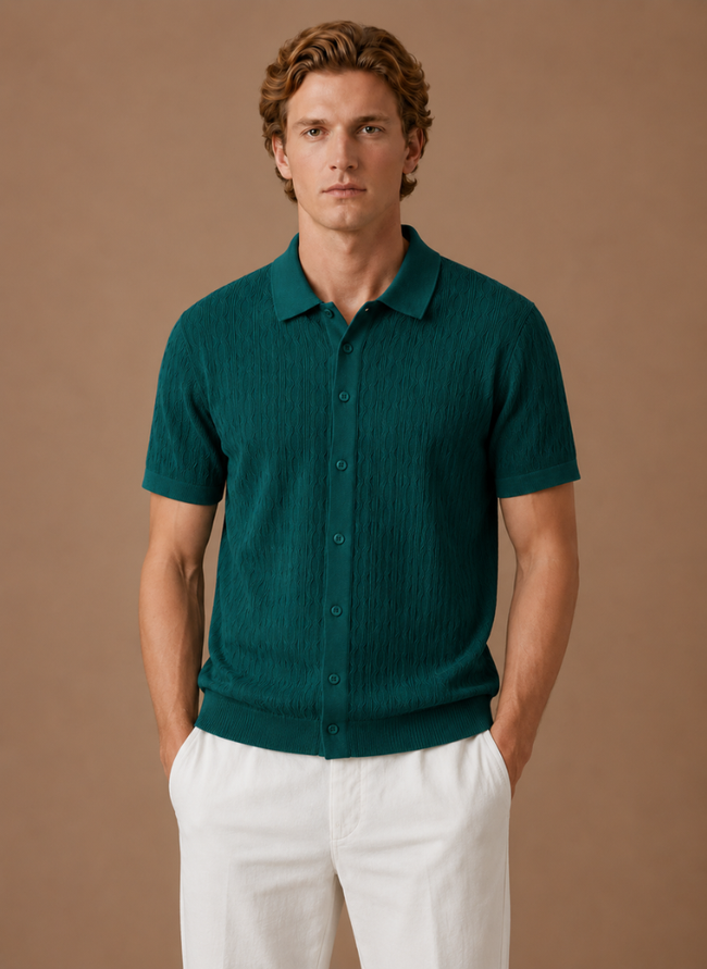 Men's FJØRNA textured polo shirt with breathable fabric, short sleeves, perfect for smart casual and casual wear.