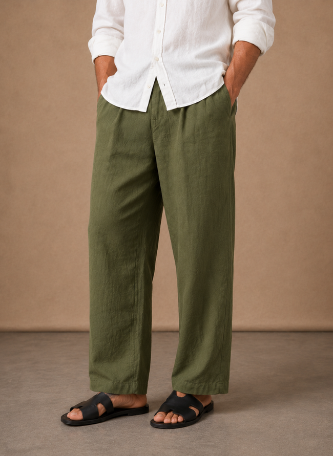 Men's relaxed fit linen cotton summer trousers by FJØRNA, showing lightweight, breathable fabric and casual style.