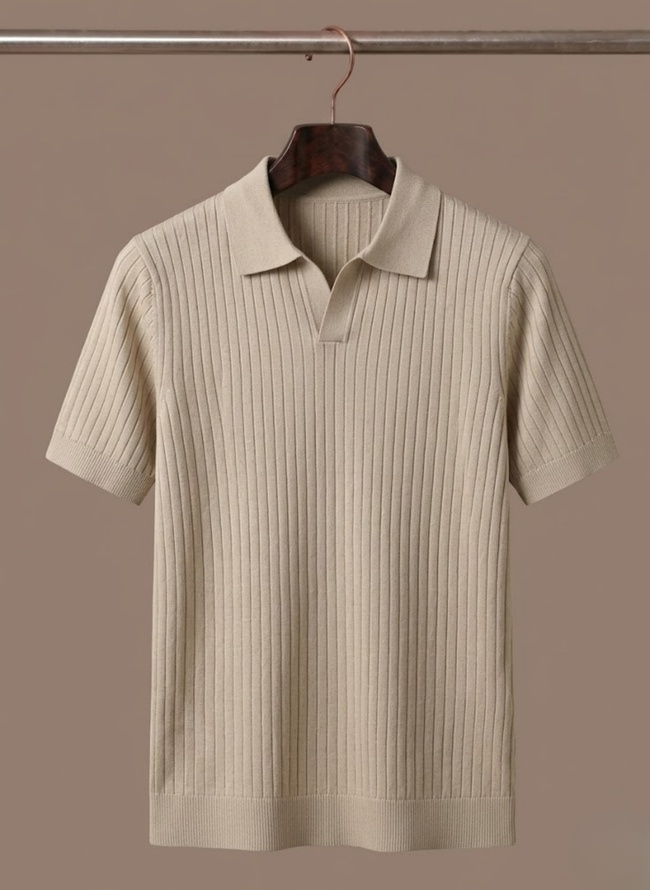 Men's ribbed knit polo shirt by FJØRNA, lightweight summer casual men's polo with short sleeves and ribbed texture.