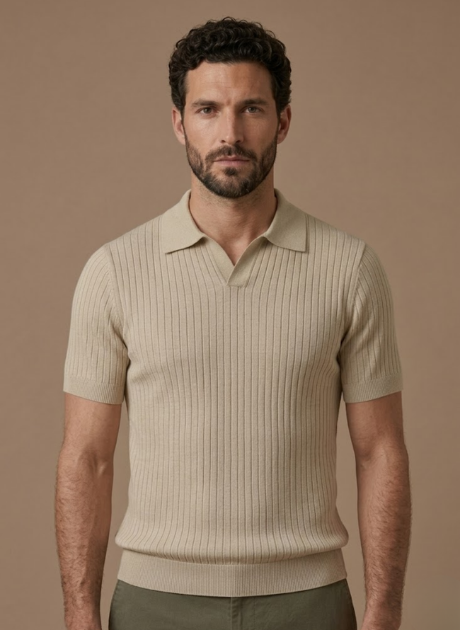 Men's ribbed knit polo shirt by FJØRNA, lightweight summer casual polo with a classic fit and ribbed texture.