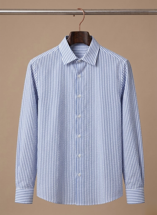 Men's FJØRNA seersucker striped shirt with breathable linen fabric, long sleeves, perfect for summer casual wear.