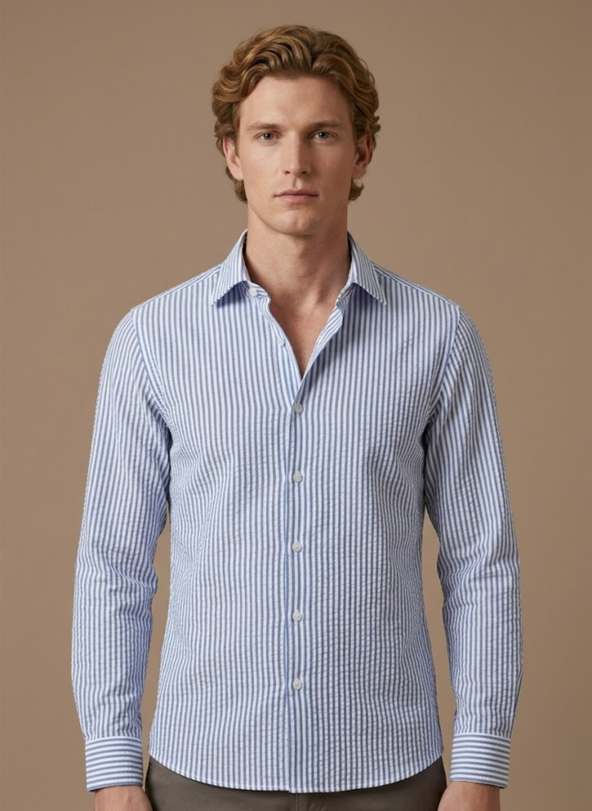 Men's FJØRNA seersucker striped shirt with long sleeves, lightweight breathable summer linen fabric, ideal for warm weather.