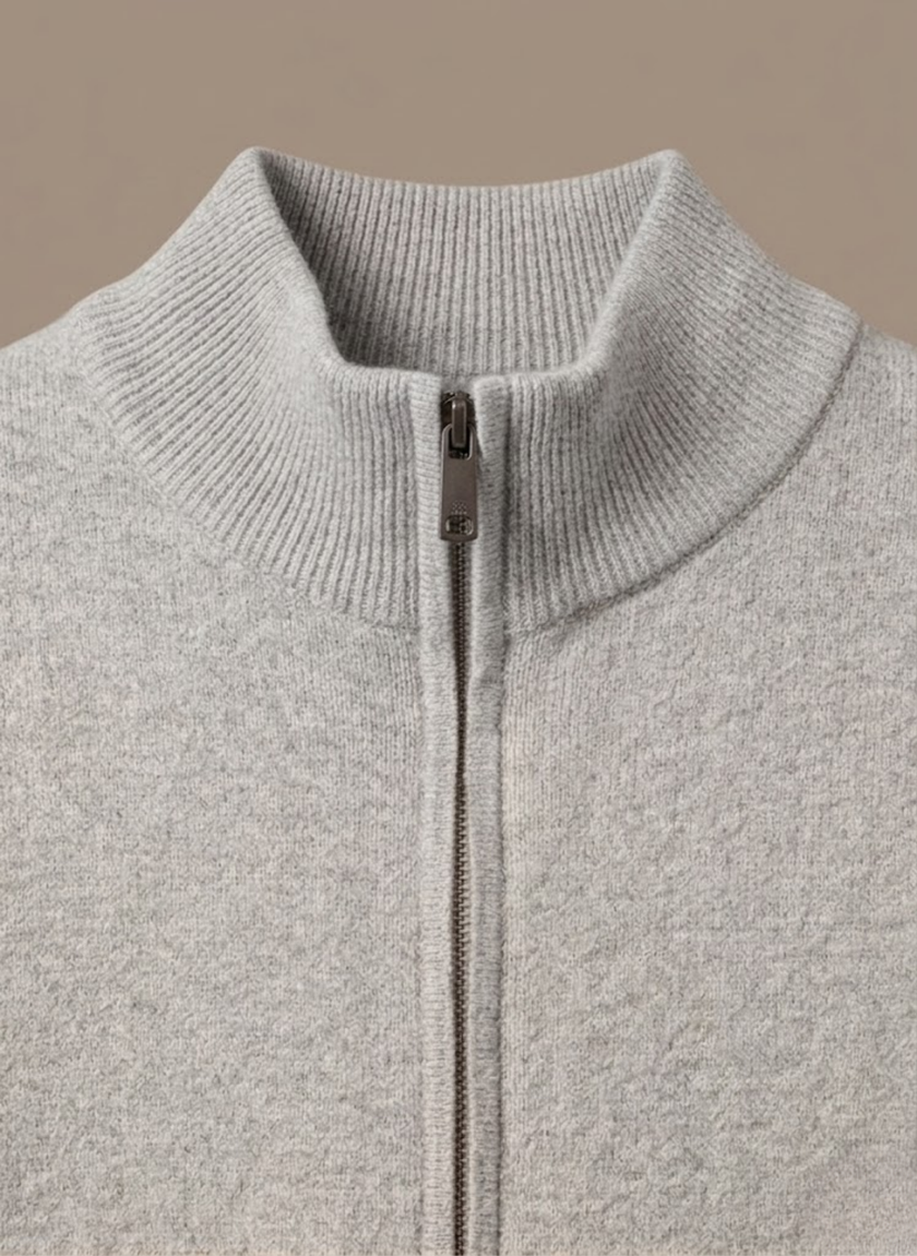 Men's zip cardigan by FJØRNA with stand collar, stretch knit fabric, casual men's sweater, front zipper, stylish and comfortable.