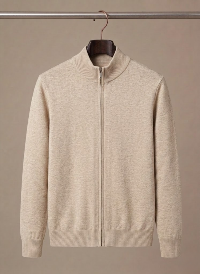 Men's stretch knit zip cardigan with stand collar by FJØRNA, casual men's sweater featuring a stylish stand collar and zip closure.