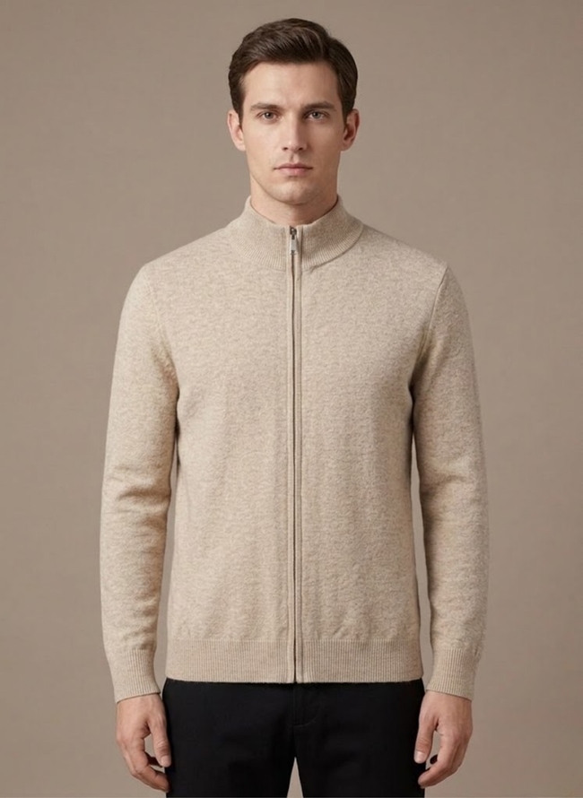 Men's FJØRNA zip cardigan with stand collar, casual stretch knit sweater, featuring a front zipper and relaxed fit.