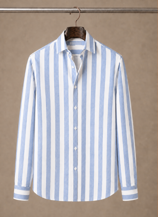 FJØRNA men's striped button-down shirt for summer smart casual outfits, featuring a classic collar and breathable fabric.