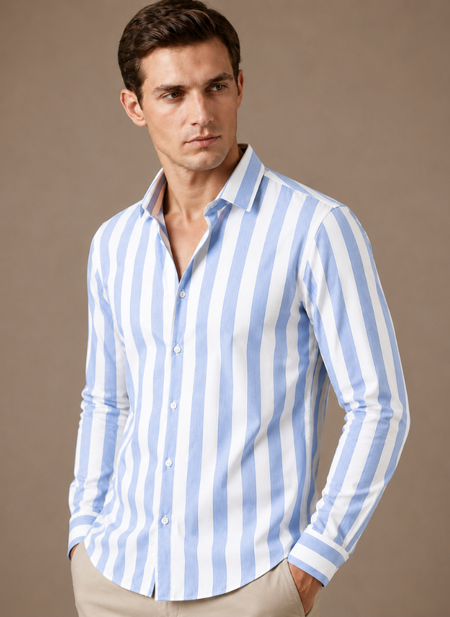 Men's FJØRNA striped button-down shirt for summer smart casual outfits, featuring a classic collar and long sleeves.
