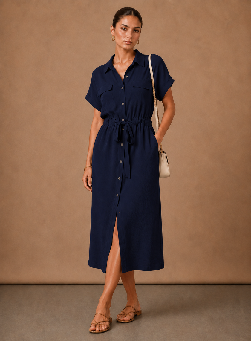 Elegant women's sleeveless formal dress by FJØRNA, lightweight and suitable for special occasions, shown on a model.