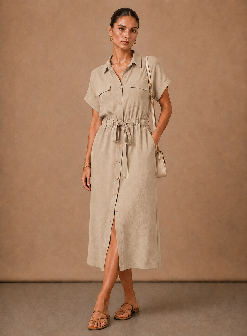 Elegant women's sleeveless formal dress by FJØRNA, lightweight and stylish, perfect for special occasions.